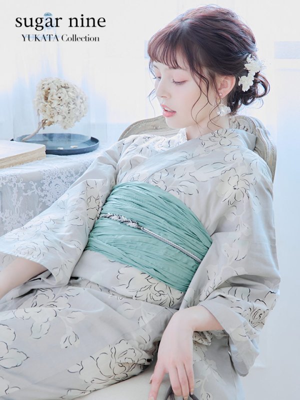 画像3: 【即日発送】【浴衣】グレー地にガーリー牡丹浴衣 【浴衣３点セット 浴衣/帯/下駄】[YMT] (3)