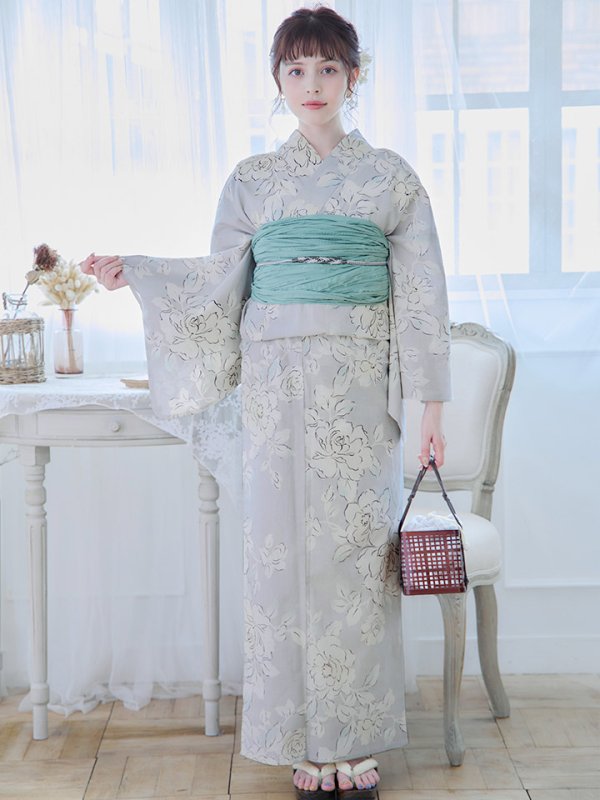 画像4: 【即日発送】【浴衣】グレー地にガーリー牡丹浴衣 【浴衣３点セット 浴衣/帯/下駄】[YMT] (4)