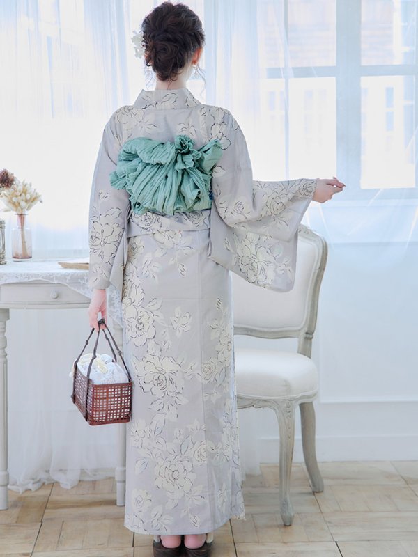 画像8: 【即日発送】【浴衣】グレー地にガーリー牡丹浴衣 【浴衣３点セット 浴衣/帯/下駄】[YMT] (8)