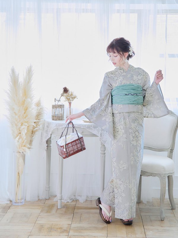 画像9: 【即日発送】【浴衣】グレー地にガーリー牡丹浴衣 【浴衣３点セット 浴衣/帯/下駄】[YMT] (9)