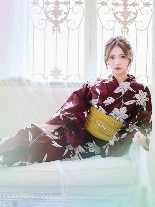 画像10: 【即日発送】【浴衣】エンジ×モダンハイビスカス浴衣【浴衣３点セット 浴衣/帯/下駄】[YMT] (10)