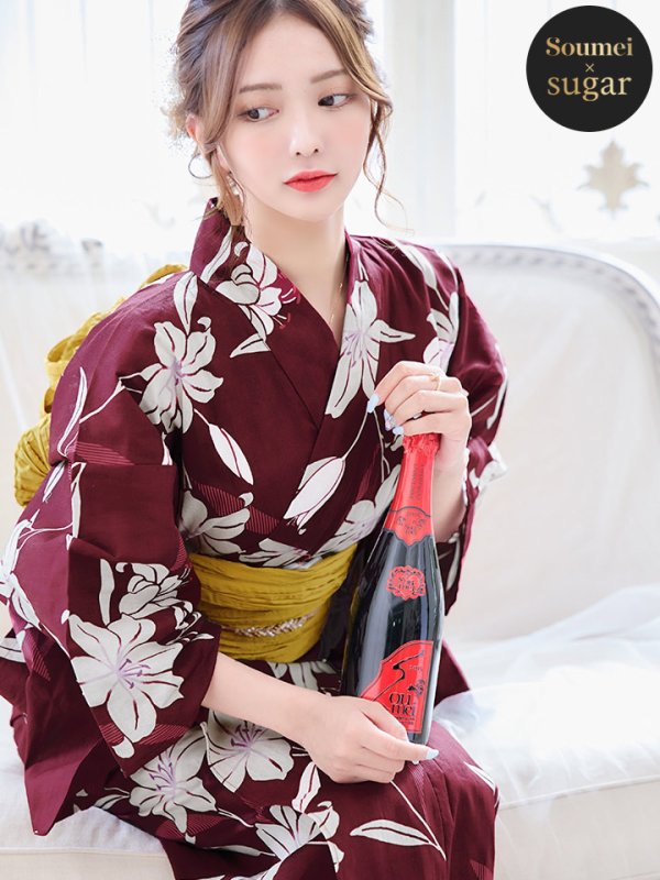 画像2: 【即日発送】【浴衣】エンジ×モダンハイビスカス浴衣【浴衣３点セット 浴衣/帯/下駄】[YMT] (2)