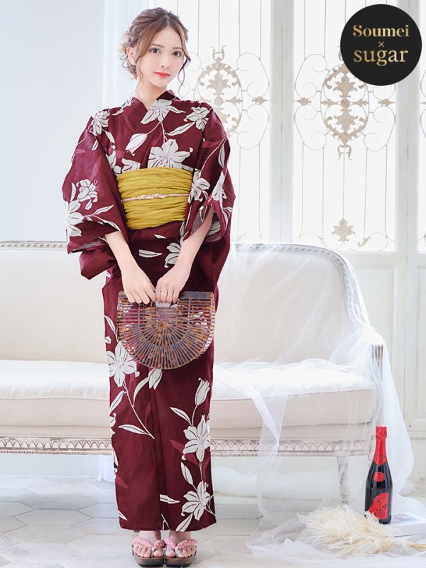 画像3: 【即日発送】【浴衣】エンジ×モダンハイビスカス浴衣【浴衣３点セット 浴衣/帯/下駄】[YMT] (3)