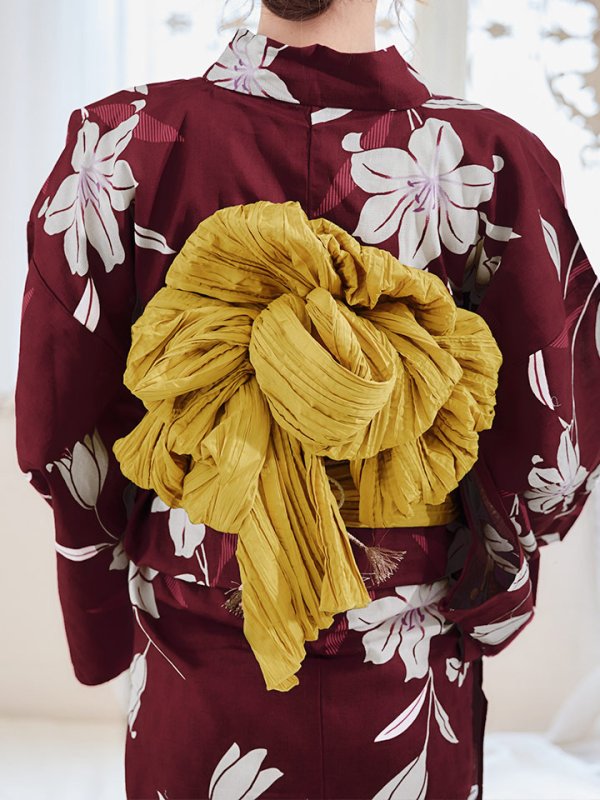 画像6: 【即日発送】【浴衣】エンジ×モダンハイビスカス浴衣【浴衣３点セット 浴衣/帯/下駄】[YMT] (6)