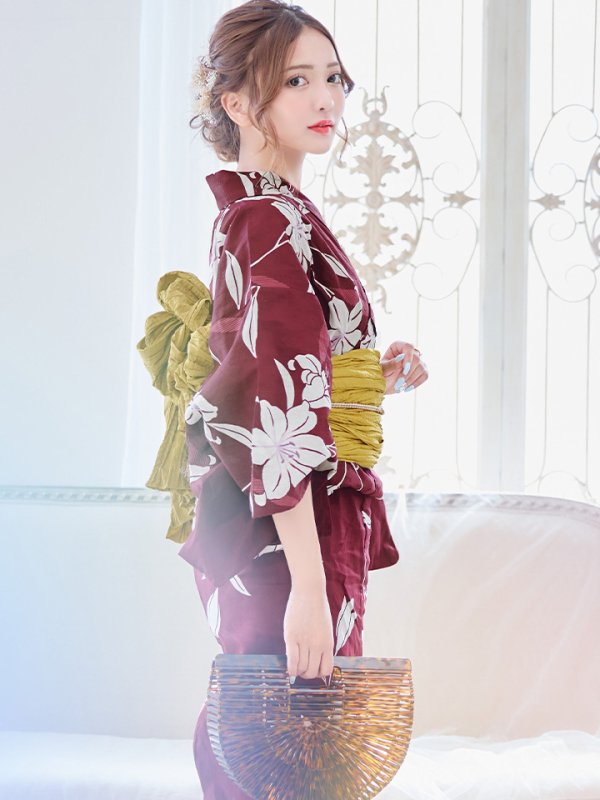 画像8: 【即日発送】【浴衣】エンジ×モダンハイビスカス浴衣【浴衣３点セット 浴衣/帯/下駄】[YMT] (8)