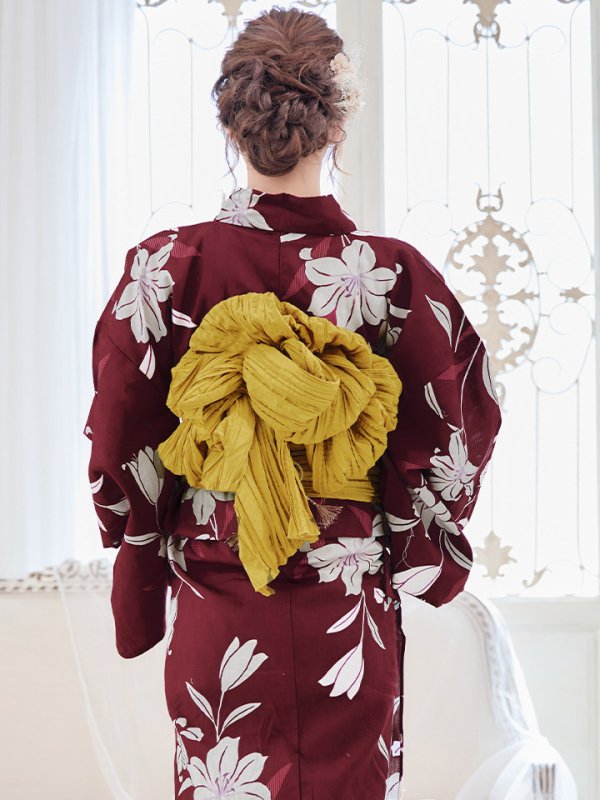 画像9: 【即日発送】【浴衣】エンジ×モダンハイビスカス浴衣【浴衣３点セット 浴衣/帯/下駄】[YMT] (9)