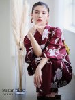 画像2: 【即日発送】【浴衣】エンジ×モダンハイビスカス浴衣  OBI-siwa-202-ok-14-MUS / HIMO-900-yn-7-MOC / YA-952-kn-W / YA-1081-kj-P / GETA-02-ok-7-R [YMT] (2)