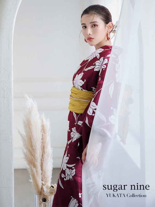 画像3: 【即日発送】【浴衣】エンジ×モダンハイビスカス浴衣 【浴衣３点セット 浴衣/帯/下駄】[YMT] (3)