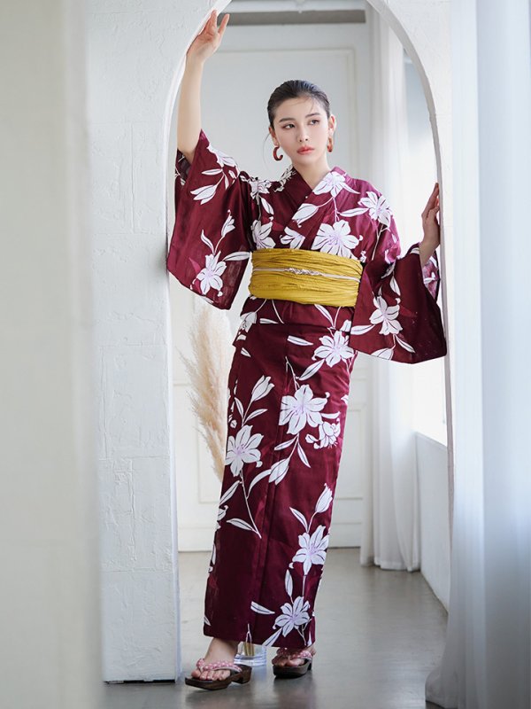 画像4: 【即日発送】【浴衣】エンジ×モダンハイビスカス浴衣 【浴衣３点セット 浴衣/帯/下駄】[YMT] (4)