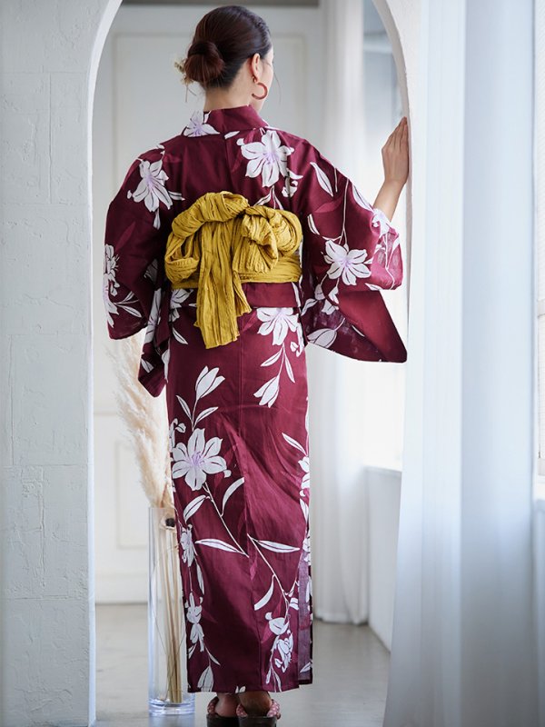 画像8: 【即日発送】【浴衣】エンジ×モダンハイビスカス浴衣 【浴衣３点セット 浴衣/帯/下駄】[YMT] (8)