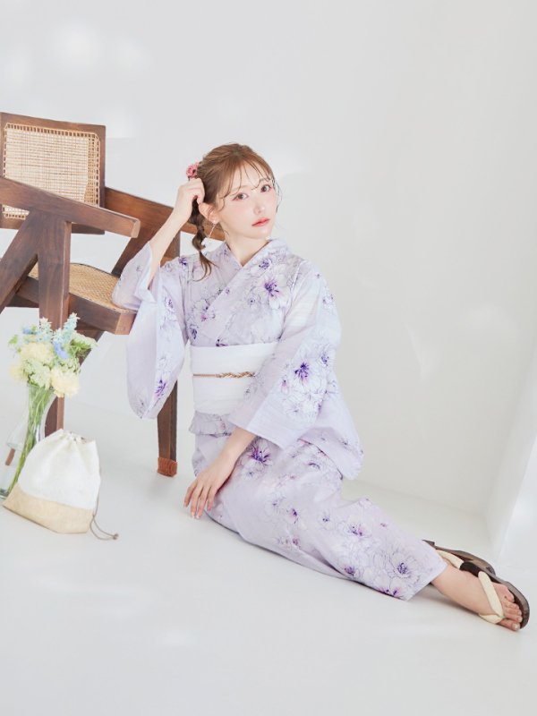 画像11: 【浴衣セール！】【即日発送】可憐なパープルxホワイト牡丹浴衣【浴衣３点セット 浴衣/帯/下駄】[YMT] (11)