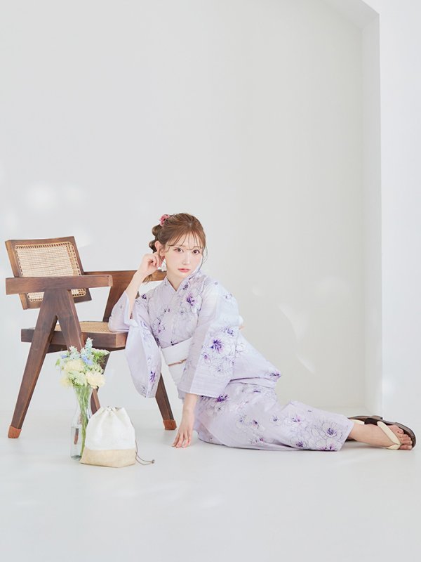 画像13: 【浴衣セール！】【即日発送】可憐なパープルxホワイト牡丹浴衣【浴衣３点セット 浴衣/帯/下駄】[YMT] (13)