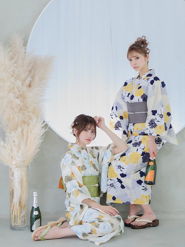 画像14: 【即日発送】【浴衣】イエローとブルーのニュアンス牡丹浴衣【浴衣３点セット 浴衣/帯/下駄】[YMT] (14)
