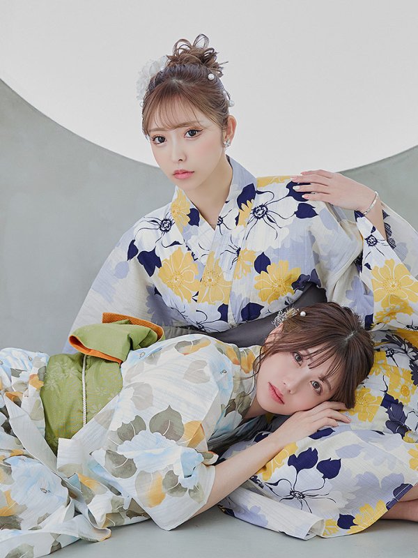 画像16: 【即日発送】【浴衣】イエローとブルーのニュアンス牡丹浴衣【浴衣３点セット 浴衣/帯/下駄】[YMT] (16)