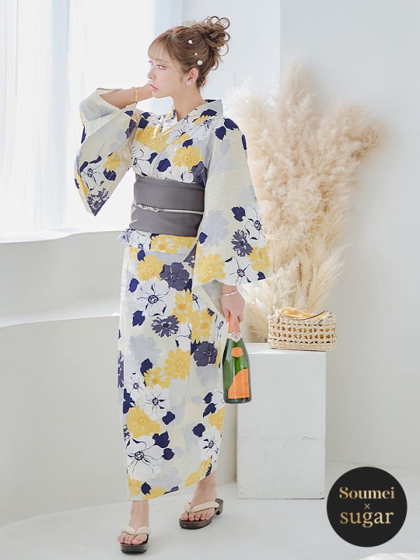 画像2: 【即日発送】【浴衣】イエローとブルーのニュアンス牡丹浴衣【浴衣３点セット 浴衣/帯/下駄】[YMT] (2)