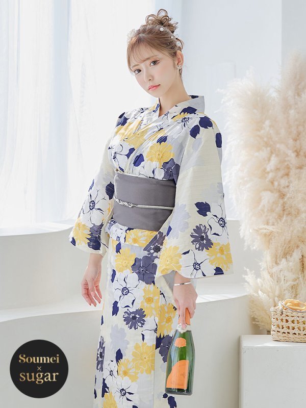 画像3: 【即日発送】【浴衣】イエローとブルーのニュアンス牡丹浴衣【浴衣３点セット 浴衣/帯/下駄】[YMT] (3)