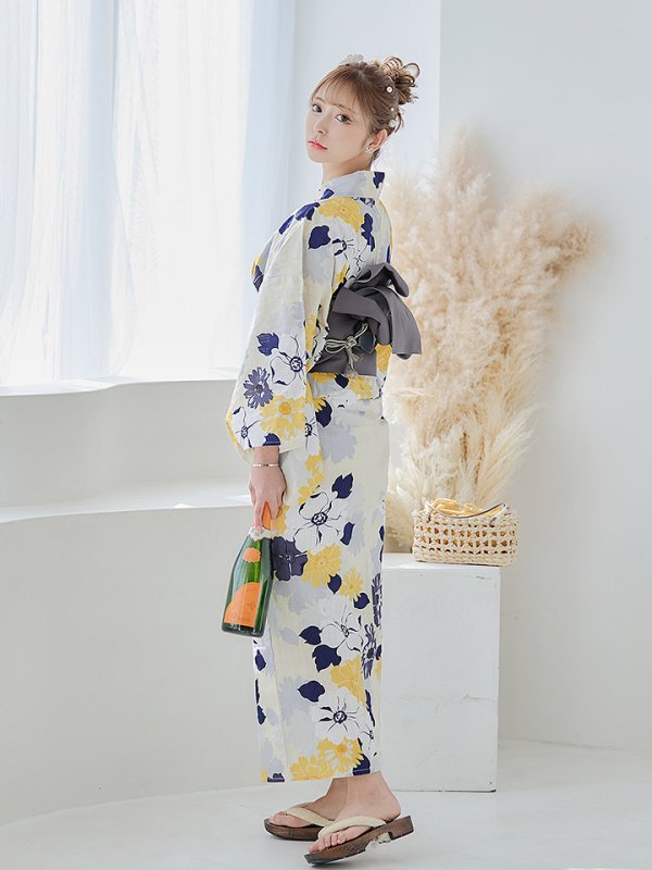 画像4: 【即日発送】【浴衣】イエローとブルーのニュアンス牡丹浴衣【浴衣３点セット 浴衣/帯/下駄】[YMT] (4)