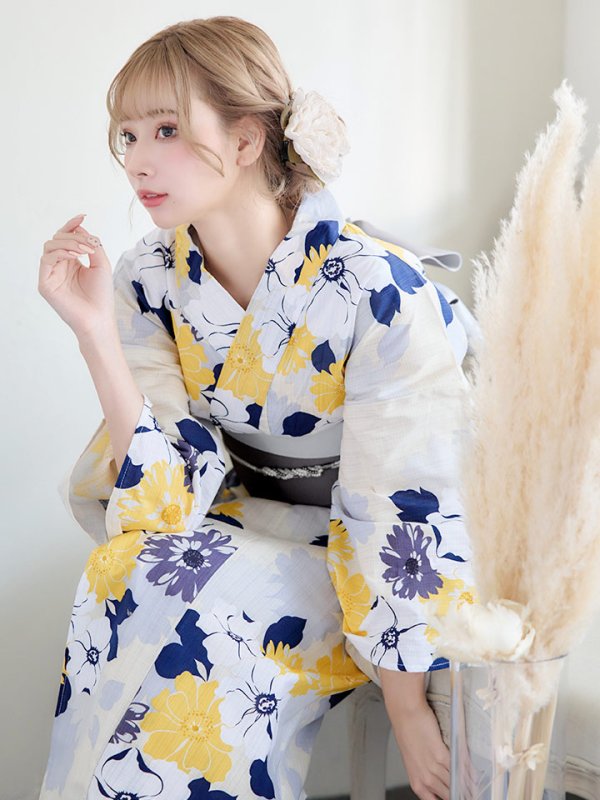 画像10: 【即日発送】【浴衣】イエローとブルーのニュアンス牡丹浴衣【浴衣３点セット 浴衣/帯/下駄】[YMT] (10)