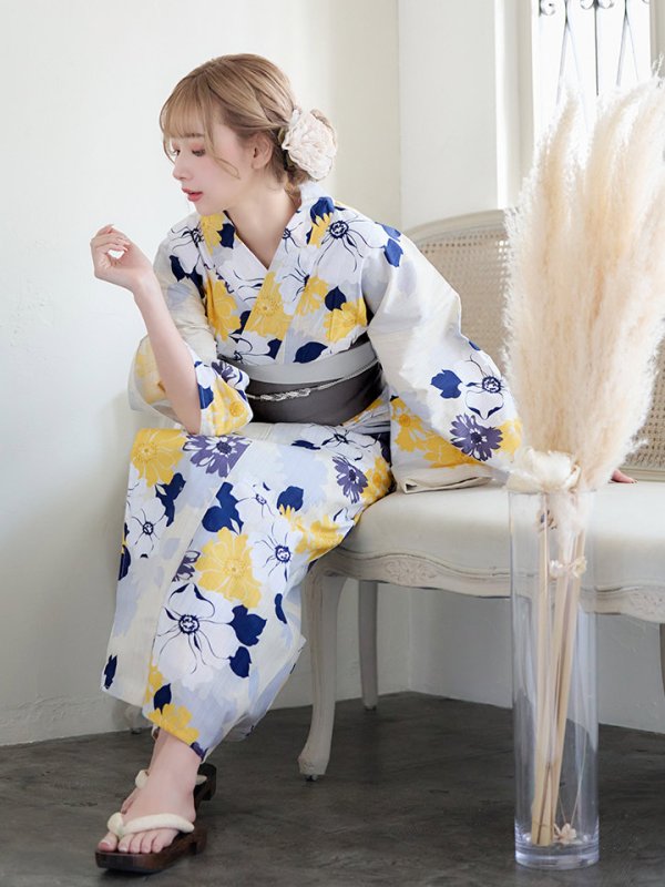 画像12: 【即日発送】【浴衣】イエローとブルーのニュアンス牡丹浴衣【浴衣３点セット 浴衣/帯/下駄】[YMT] (12)