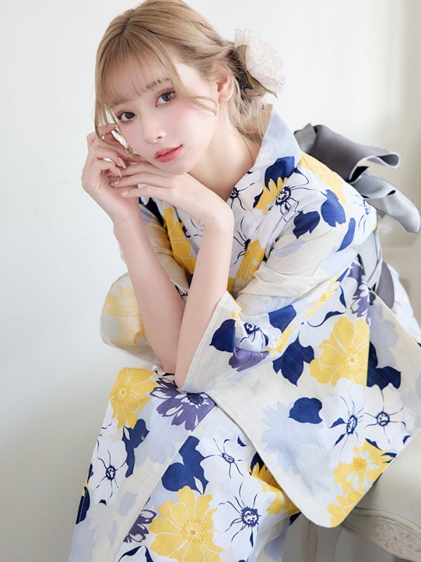 画像13: 【即日発送】【浴衣】イエローとブルーのニュアンス牡丹浴衣【浴衣３点セット 浴衣/帯/下駄】[YMT] (13)
