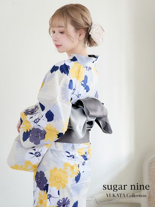 画像2: 【即日発送】【浴衣】イエローとブルーのニュアンス牡丹浴衣【浴衣３点セット 浴衣/帯/下駄】[YMT] (2)