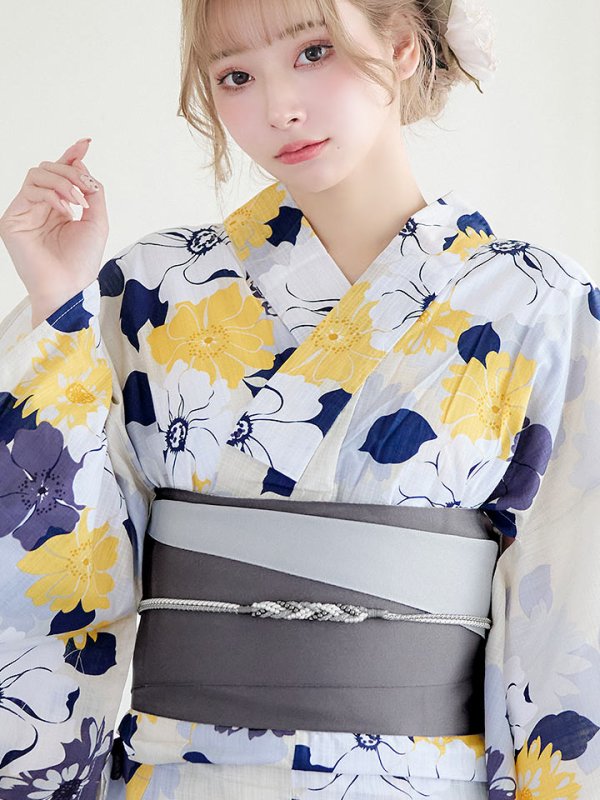 画像5: 【即日発送】【浴衣】イエローとブルーのニュアンス牡丹浴衣【浴衣３点セット 浴衣/帯/下駄】[YMT] (5)