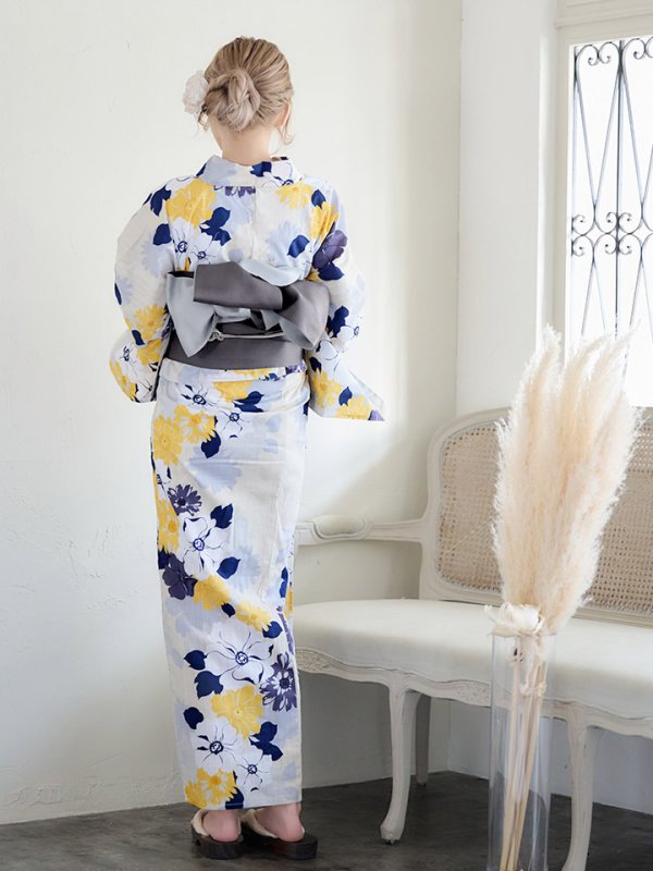 画像8: 【即日発送】【浴衣】イエローとブルーのニュアンス牡丹浴衣【浴衣３点セット 浴衣/帯/下駄】[YMT] (8)