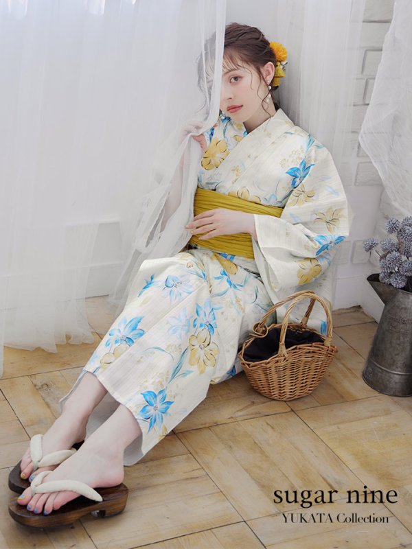 画像3: 【即日発送】ブルーとイエローのニュアンス水仙浴衣 【浴衣３点セット 浴衣/帯/下駄】[YMT] (3)