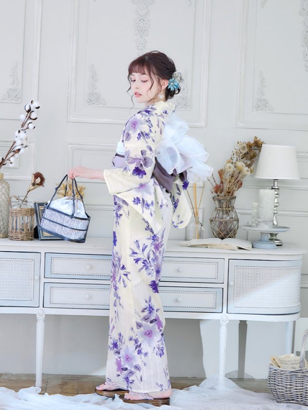 画像9: 【即日発送】白地xパープルグラデーション浴衣 【浴衣３点セット 浴衣/帯/下駄】[YMT] (9)