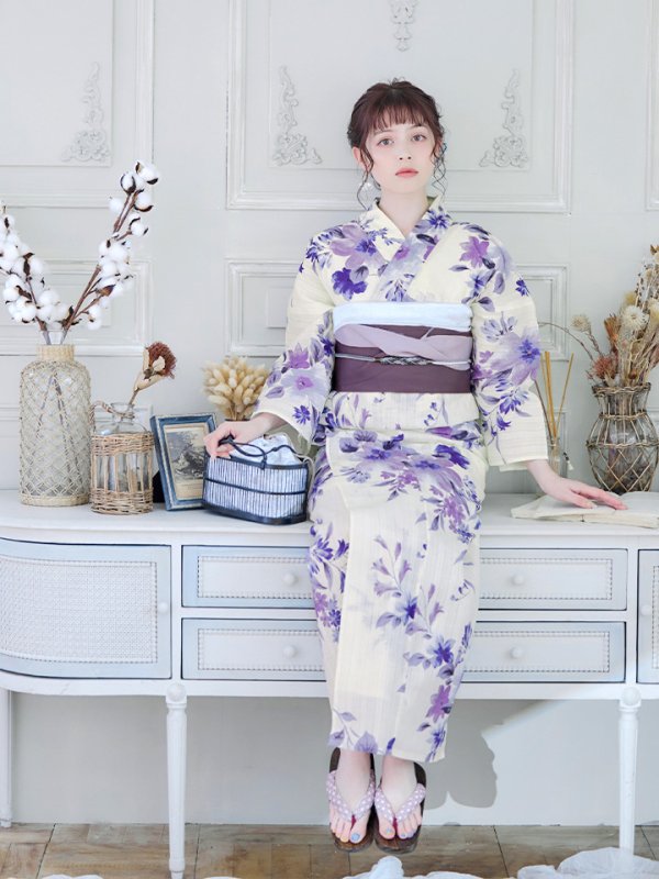 画像11: 【即日発送】白地xパープルグラデーション浴衣 【浴衣３点セット 浴衣/帯/下駄】[YMT] (11)