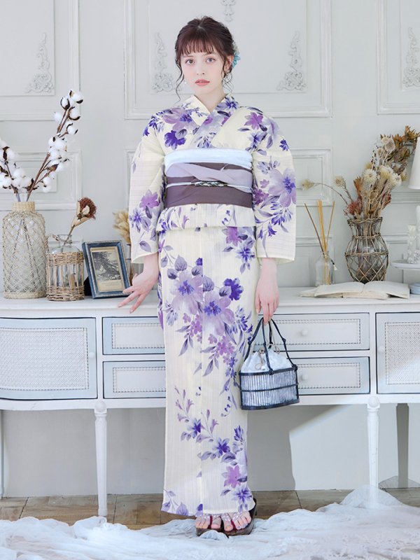 画像3: 【即日発送】白地xパープルグラデーション浴衣 【浴衣３点セット 浴衣/帯/下駄】[YMT] (3)