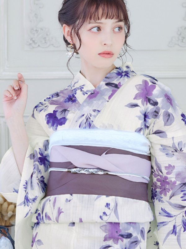 画像4: 【即日発送】白地xパープルグラデーション浴衣 【浴衣３点セット 浴衣/帯/下駄】[YMT] (4)