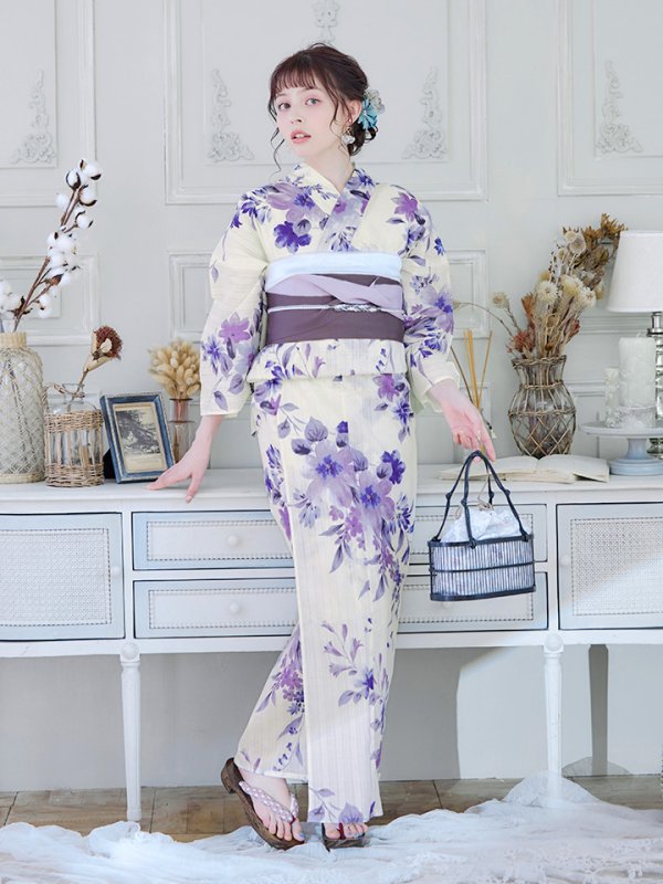 画像8: 【即日発送】白地xパープルグラデーション浴衣 【浴衣３点セット 浴衣/帯/下駄】[YMT] (8)