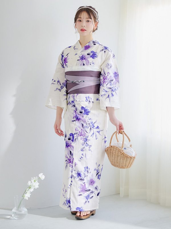画像14: 【即日発送】白地xパープルグラデーション浴衣【浴衣３点セット 浴衣/帯/下駄】[YMT] (14)