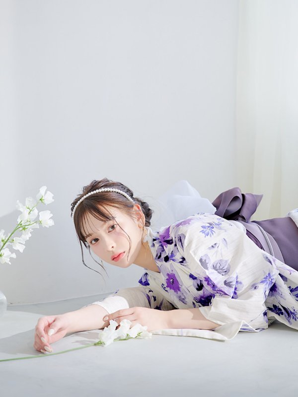 画像2: 【即日発送】白地xパープルグラデーション浴衣【浴衣３点セット 浴衣/帯/下駄】[YMT] (2)