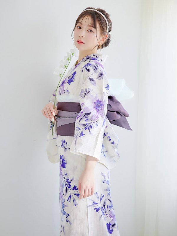 画像3: 【即日発送】白地xパープルグラデーション浴衣【浴衣３点セット 浴衣/帯/下駄】[YMT] (3)