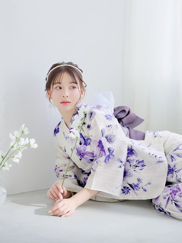 画像6: 【即日発送】白地xパープルグラデーション浴衣【浴衣３点セット 浴衣/帯/下駄】[YMT] (6)