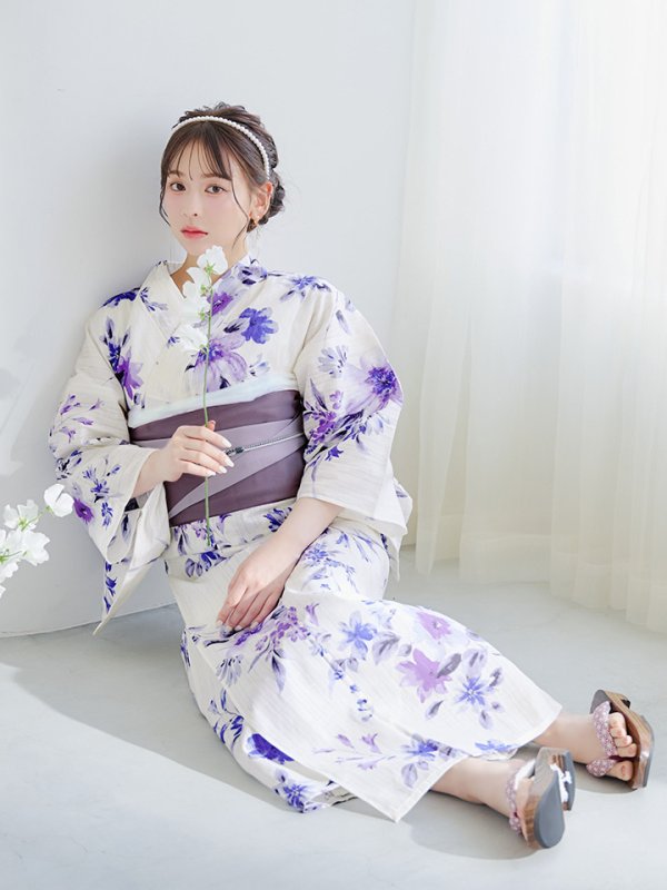 画像8: 【即日発送】白地xパープルグラデーション浴衣【浴衣３点セット 浴衣/帯/下駄】[YMT] (8)