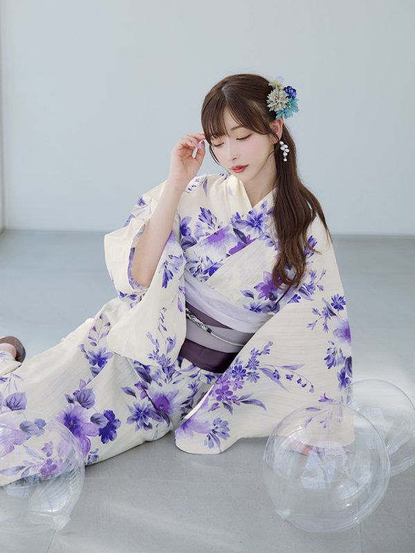 画像13: 【即日発送】白地xパープルグラデーション浴衣【浴衣３点セット 浴衣/帯/下駄】[YMT] (13)