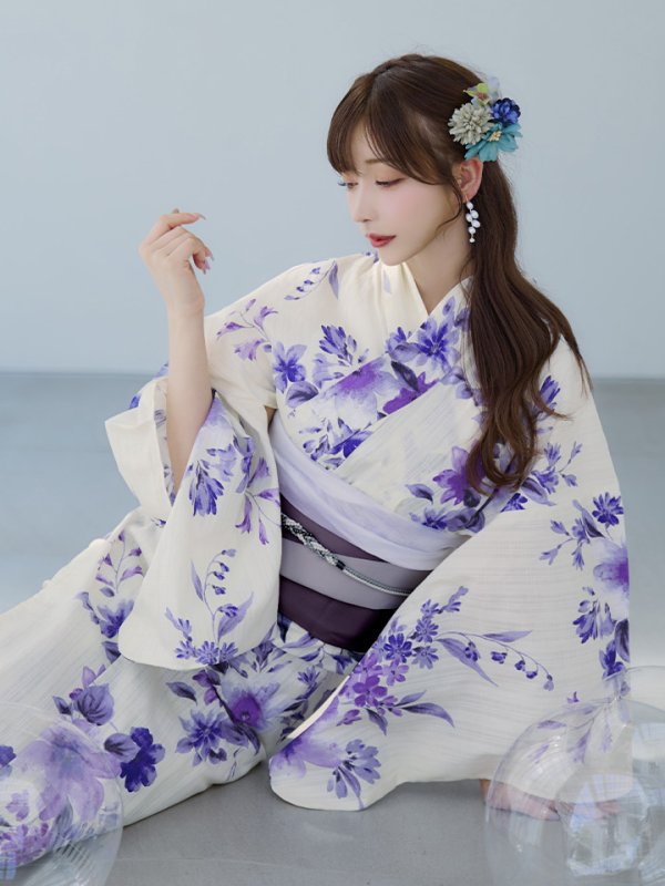 画像14: 【即日発送】白地xパープルグラデーション浴衣【浴衣３点セット 浴衣/帯/下駄】[YMT] (14)