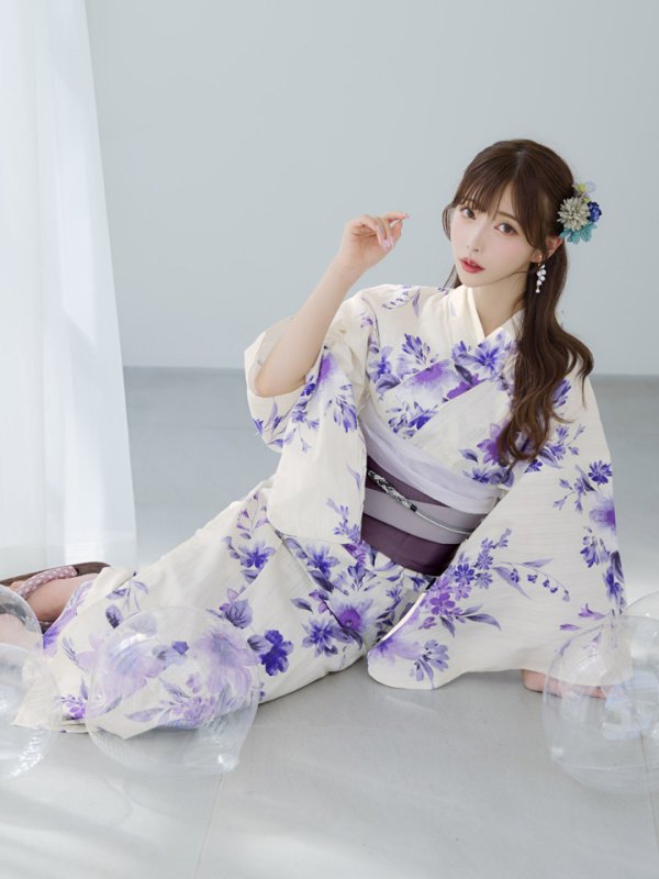 画像2: 【即日発送】白地xパープルグラデーション浴衣【浴衣３点セット 浴衣/帯/下駄】[YMT] (2)