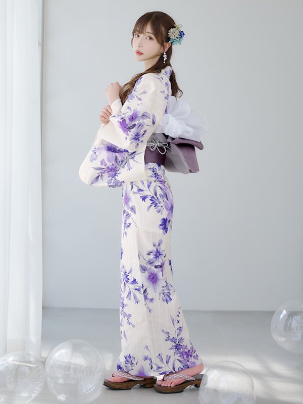 画像3: 【即日発送】白地xパープルグラデーション浴衣【浴衣３点セット 浴衣/帯/下駄】[YMT] (3)