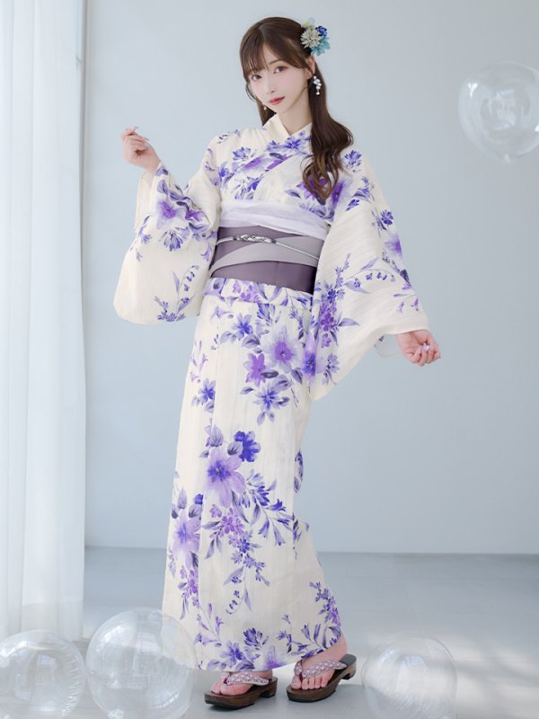 画像4: 【即日発送】白地xパープルグラデーション浴衣【浴衣３点セット 浴衣/帯/下駄】[YMT] (4)