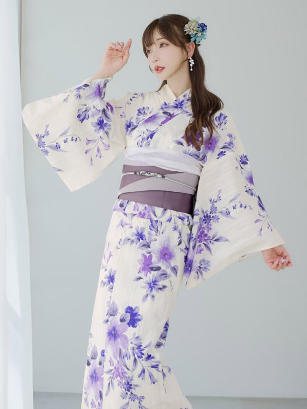 画像8: 【即日発送】白地xパープルグラデーション浴衣【浴衣３点セット 浴衣/帯/下駄】[YMT] (8)