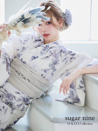 水墨風イエロー×ブルー牡丹浴衣 浴衣/帯/飾り紐/下駄4点セット