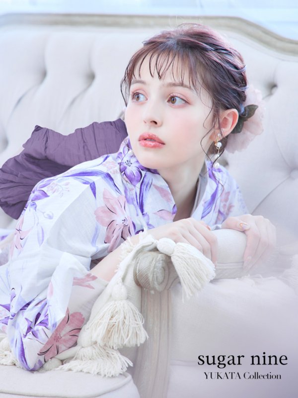 画像2: 【即日発送】パープルxピンクの百合浴衣 【浴衣３点セット 浴衣/帯/下駄】[YMT] (2)