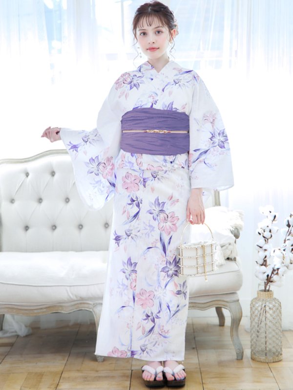 画像4: 【即日発送】パープルxピンクの百合浴衣 【浴衣３点セット 浴衣/帯/下駄】[YMT] (4)