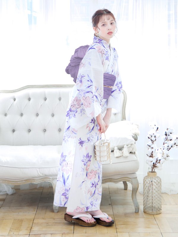 画像7: 【即日発送】パープルxピンクの百合浴衣 【浴衣３点セット 浴衣/帯/下駄】[YMT] (7)