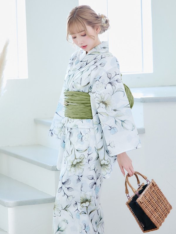 画像11: 【即日発送】水墨風イエロー×ブルー牡丹浴衣 浴衣/帯/飾り紐/下駄4点セット[YMT] (11)