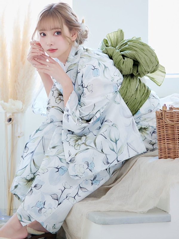 画像12: 【即日発送】水墨風イエロー×ブルー牡丹浴衣 浴衣/帯/飾り紐/下駄4点セット[YMT] (12)